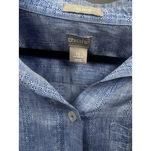 Chico's No Iron Linen Button Down Shirt Blue Stripe Woven Half Sleeve Sz 1.5/10 - Picture 2 of 4